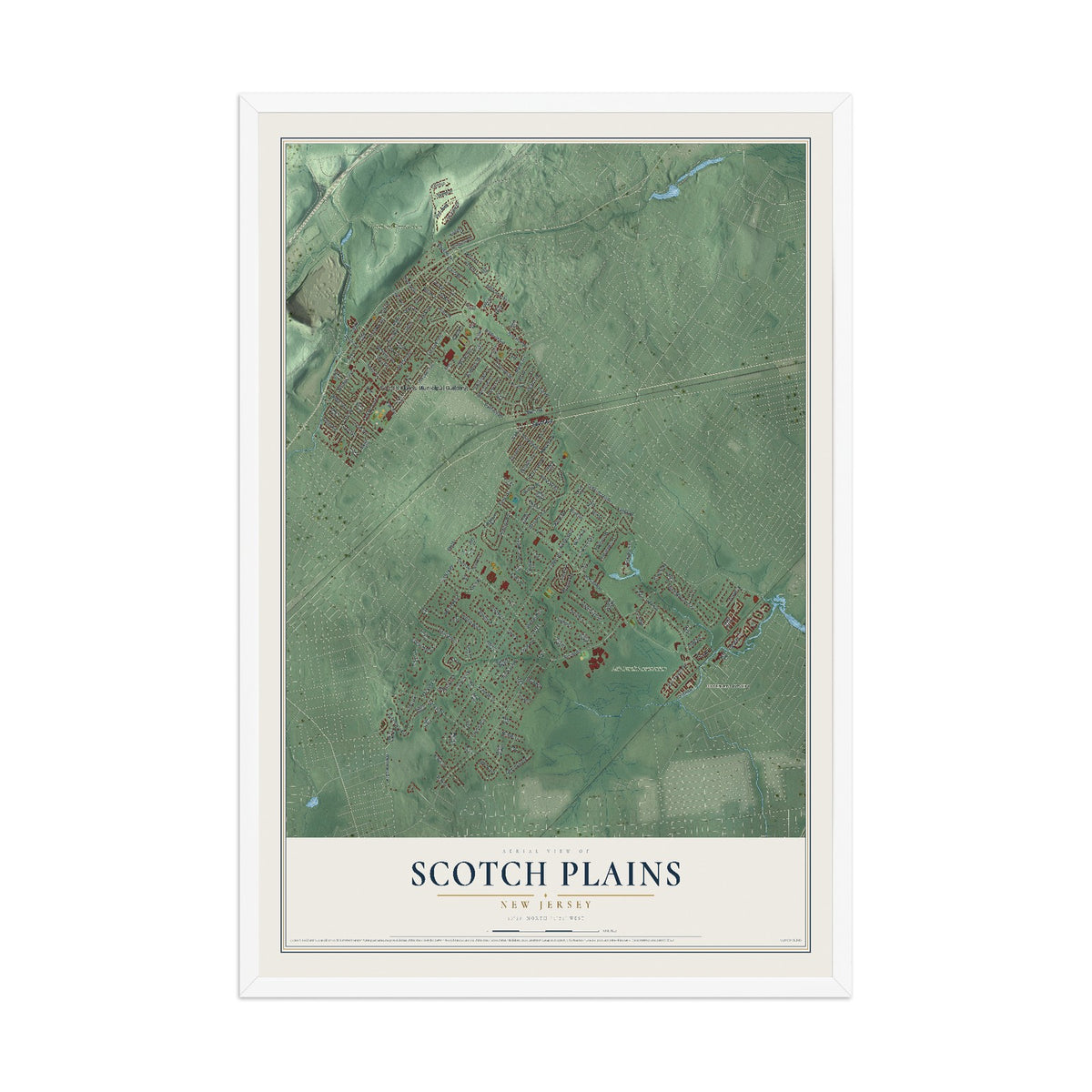 Scotch Plains, New Jersey map print, 12" x 18" W/ White Ayous Wood Frame mockup