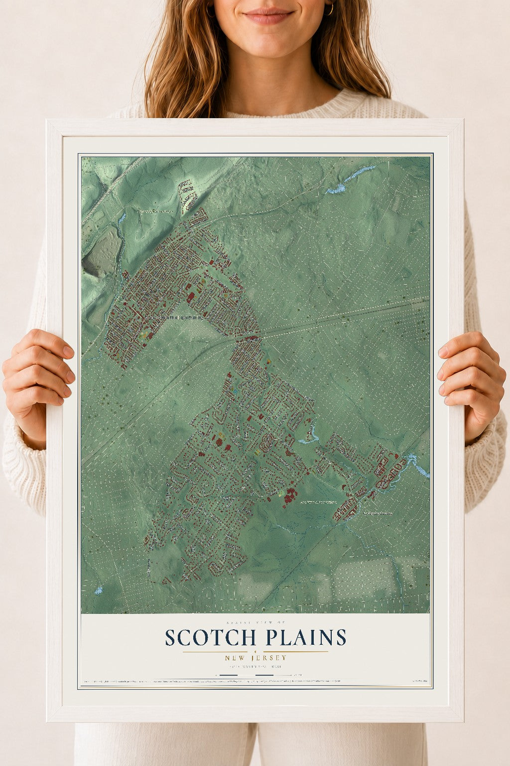 Scotch Plains, New Jersey map print, 18" x 24" W/ White Ayous Wood Frame mockup