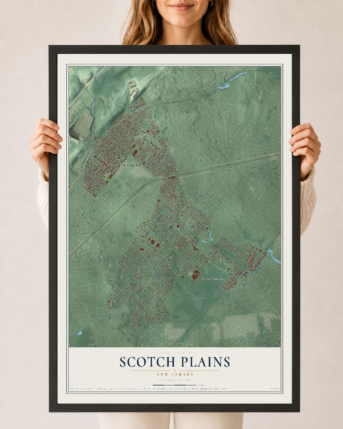 Scotch Plains, New Jersey map print, 24" x 36" W/ Black Ayous Wood Frame mockup