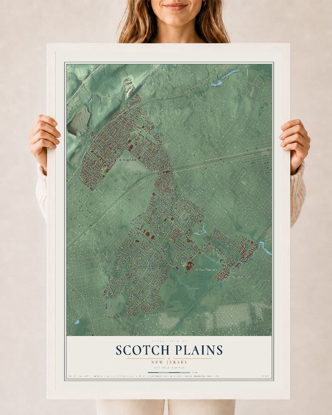 Scotch Plains, New Jersey map print, 24" x 36" W/ White Ayous Wood Frame mockup