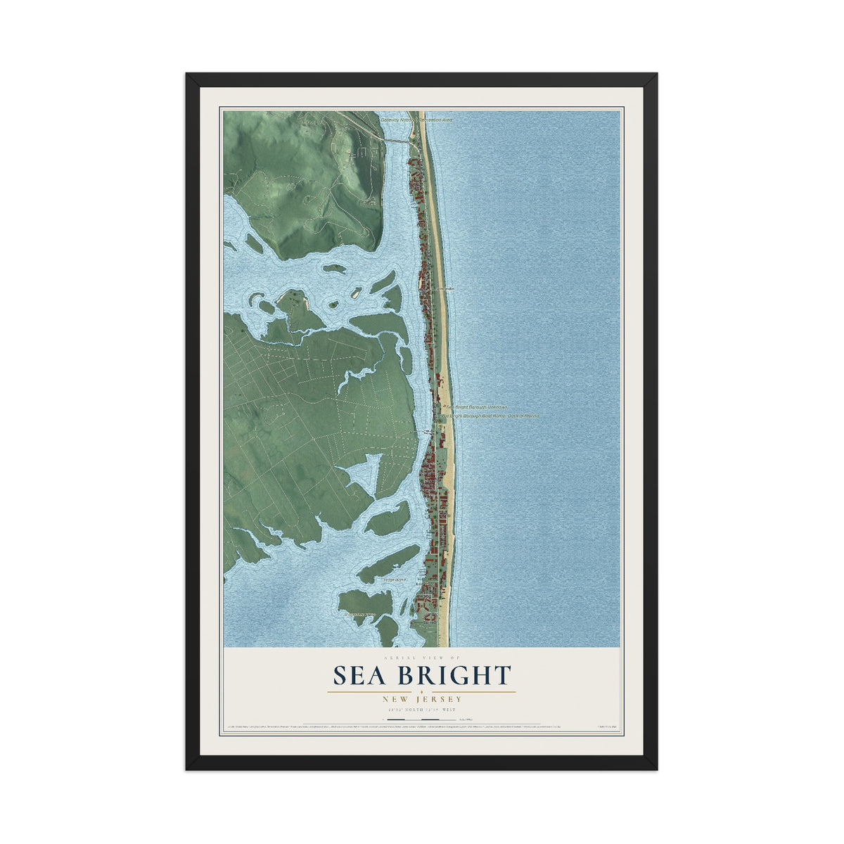 Sea Bright, New Jersey map print, 12" x 18" W/ Black Ayous Wood Frame mockup