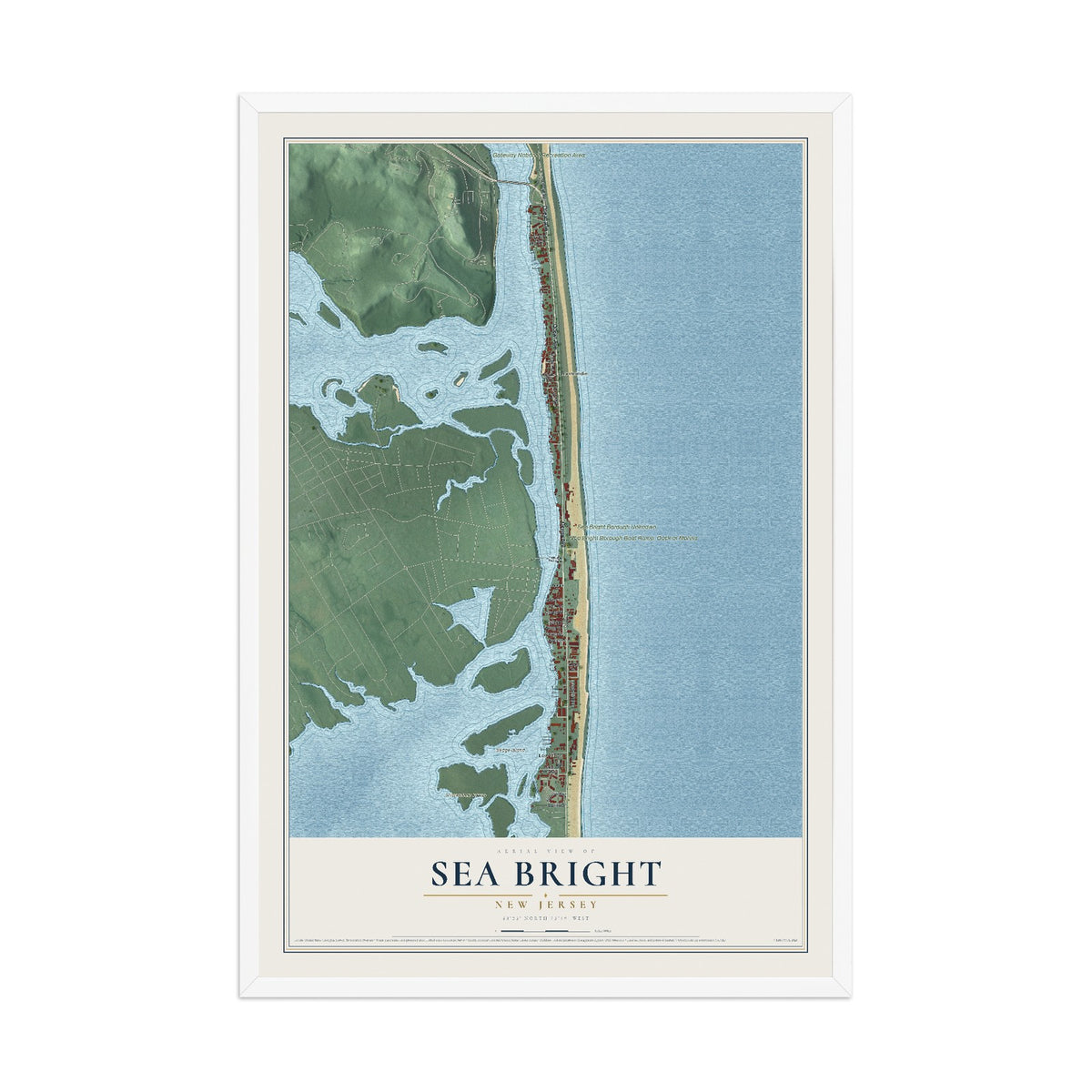Sea Bright, New Jersey map print, 12" x 18" W/ White Ayous Wood Frame mockup