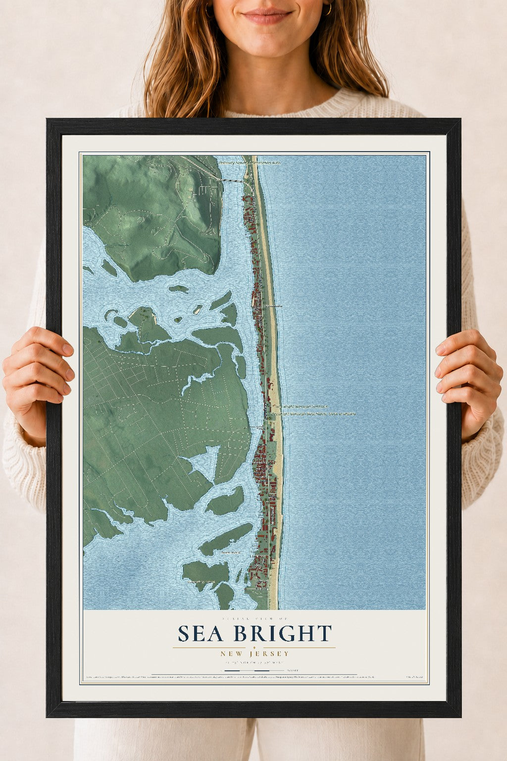 Sea Bright, New Jersey map print, 18" x 24" W/ Black Ayous Wood Frame mockup