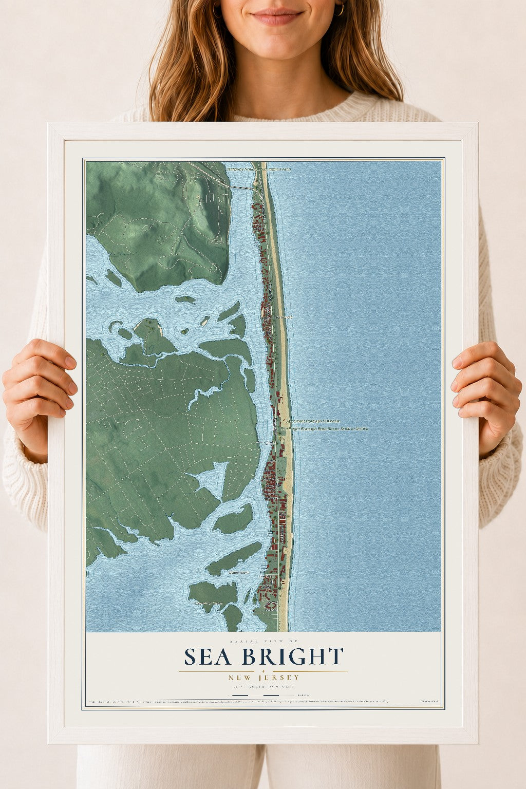 Sea Bright, New Jersey map print, 18" x 24" W/ White Ayous Wood Frame mockup