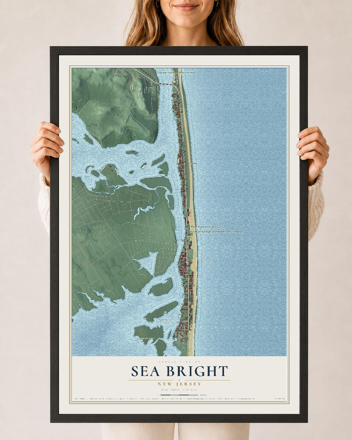 Sea Bright, New Jersey map print, 24" x 36" W/ Black Ayous Wood Frame mockup