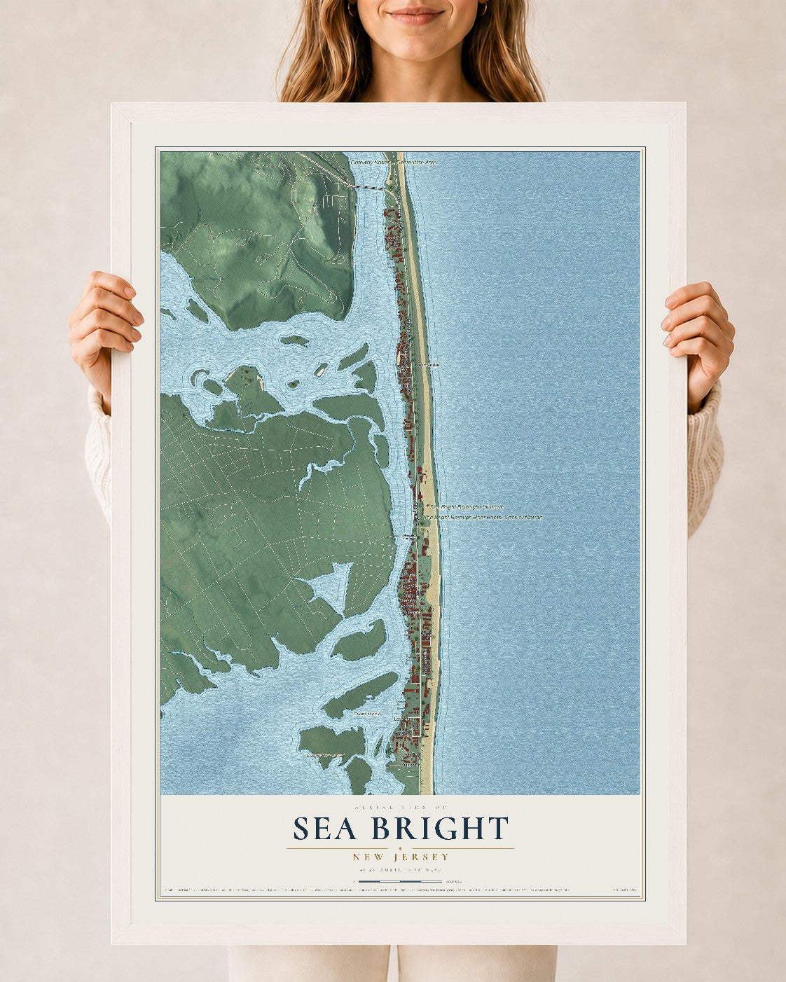 Sea Bright, New Jersey map print, 24" x 36" W/ White Ayous Wood Frame mockup