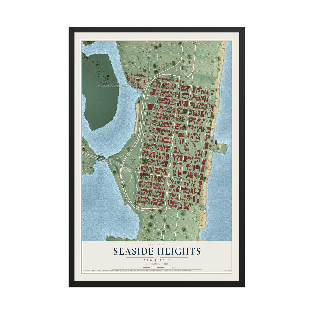 Seaside Heights, New Jersey map print, 12" x 18" W/ Black Ayous Wood Frame mockup