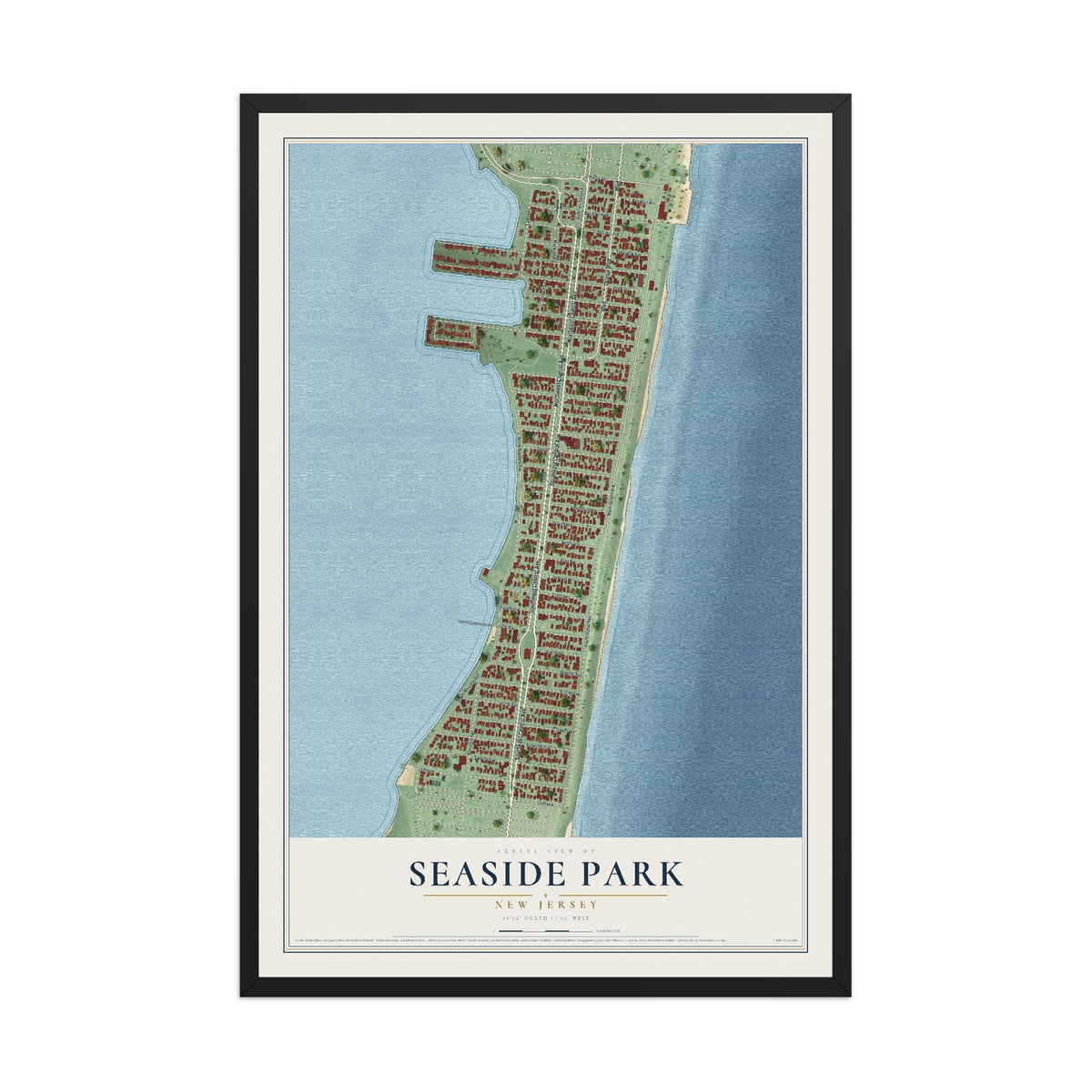 Seaside Park, New Jersey map print, 12" x 18" W/ Black Ayous Wood Frame mockup