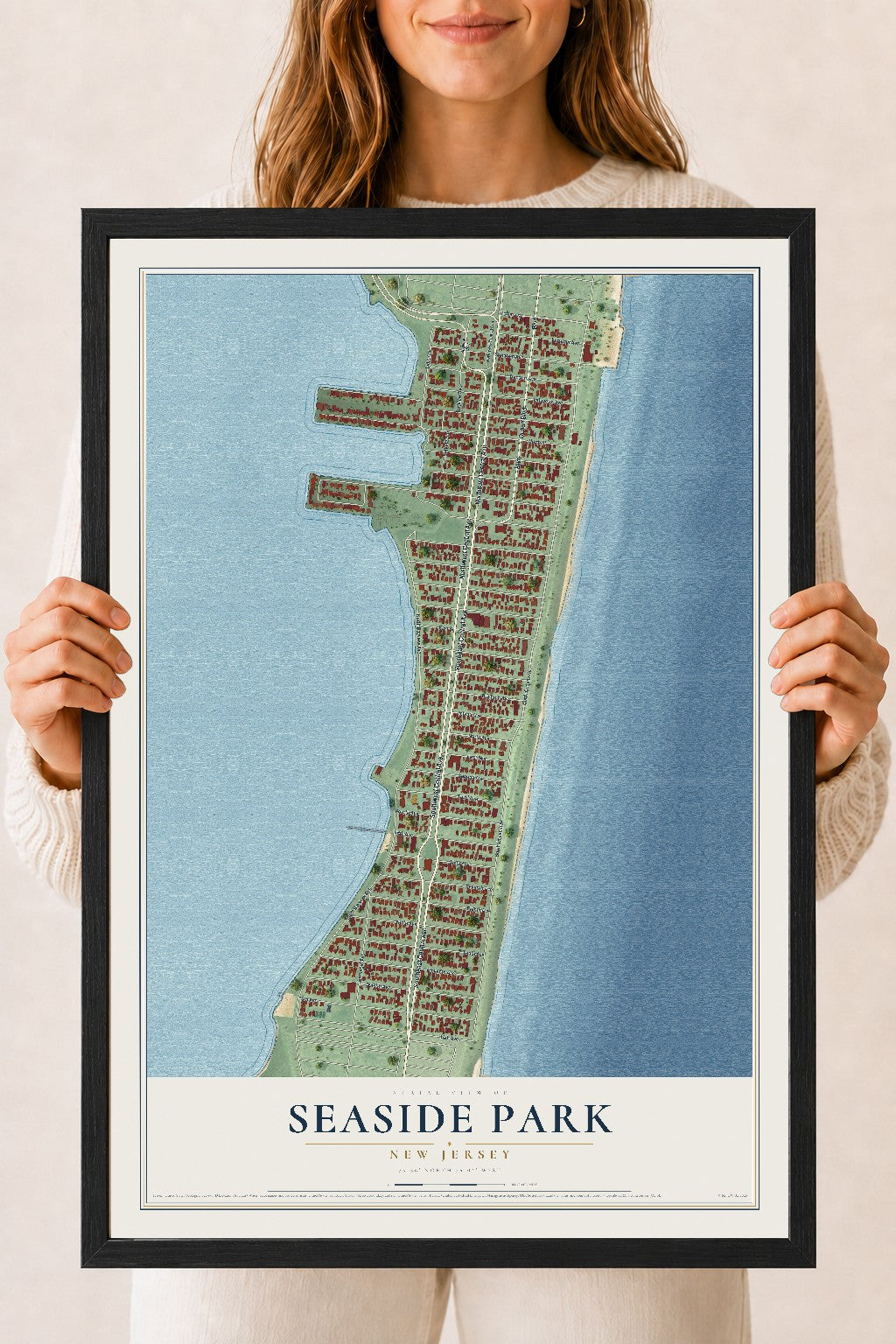 Seaside Park, New Jersey map print, 18" x 24" W/ Black Ayous Wood Frame mockup