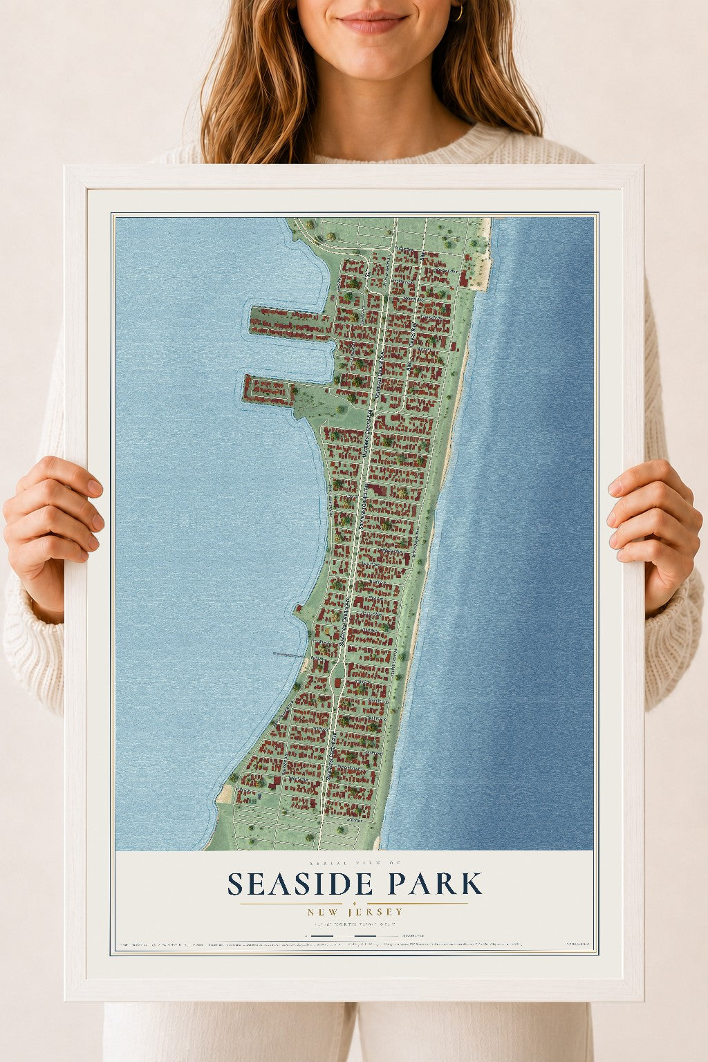 Seaside Park, New Jersey map print, 18" x 24" W/ White Ayous Wood Frame mockup