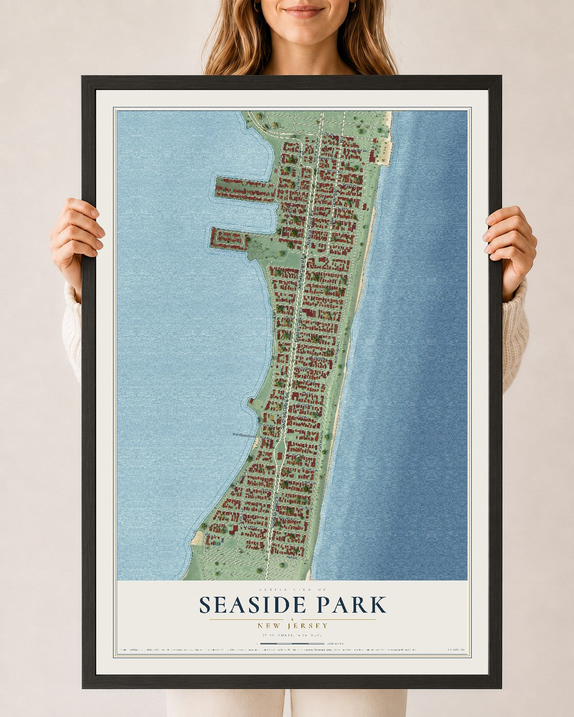 Seaside Park, New Jersey map print, 24" x 36" W/ Black Ayous Wood Frame mockup