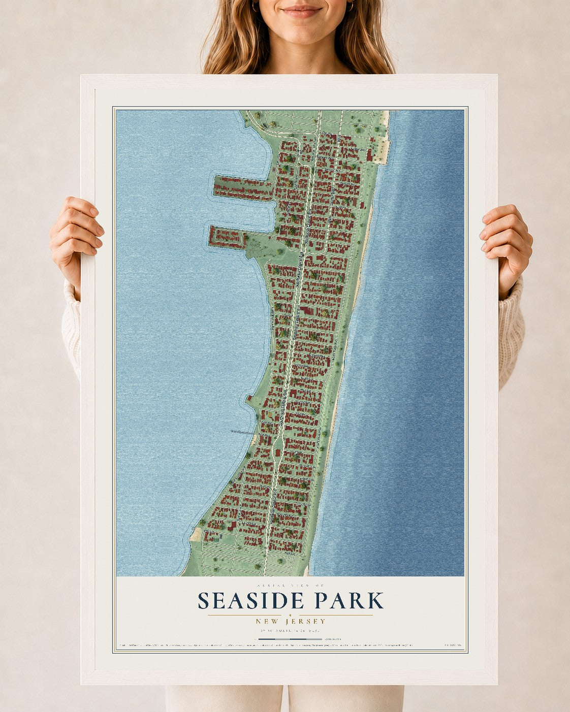 Seaside Park, New Jersey map print, 24" x 36" W/ White Ayous Wood Frame mockup