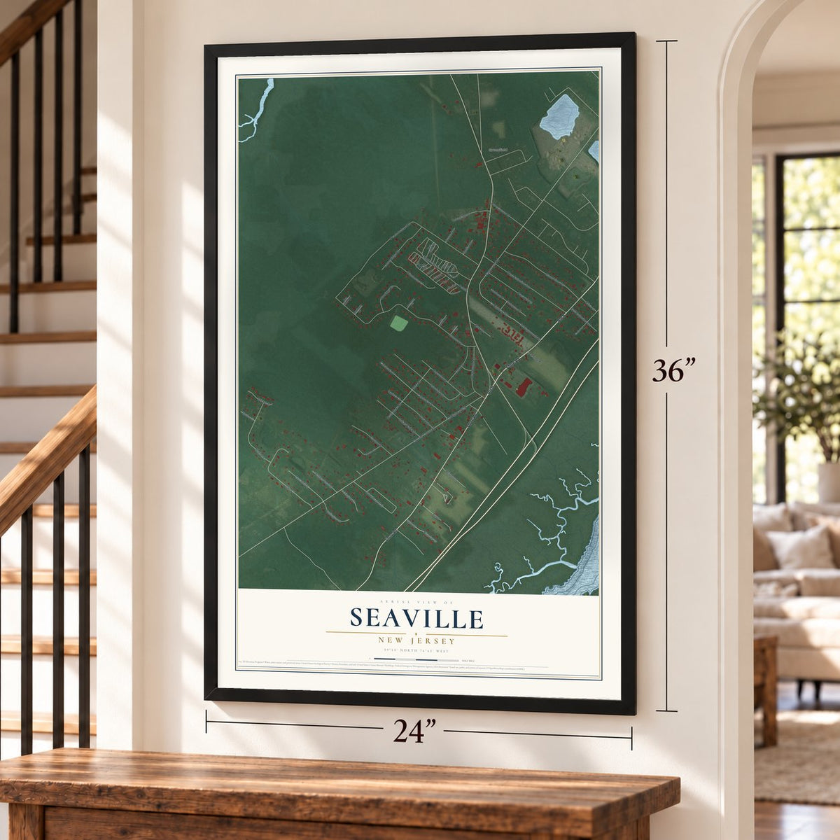 Seaville, New Jersey map, 24 x 36 inch print in a black frame by a staircase