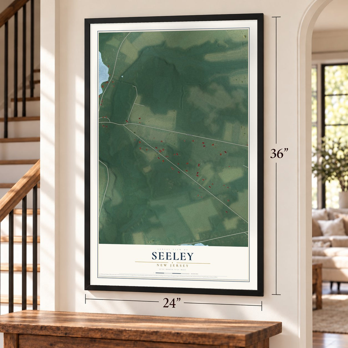 Seeley, New Jersey map, 24 x 36 inch print in a black frame by a staircase