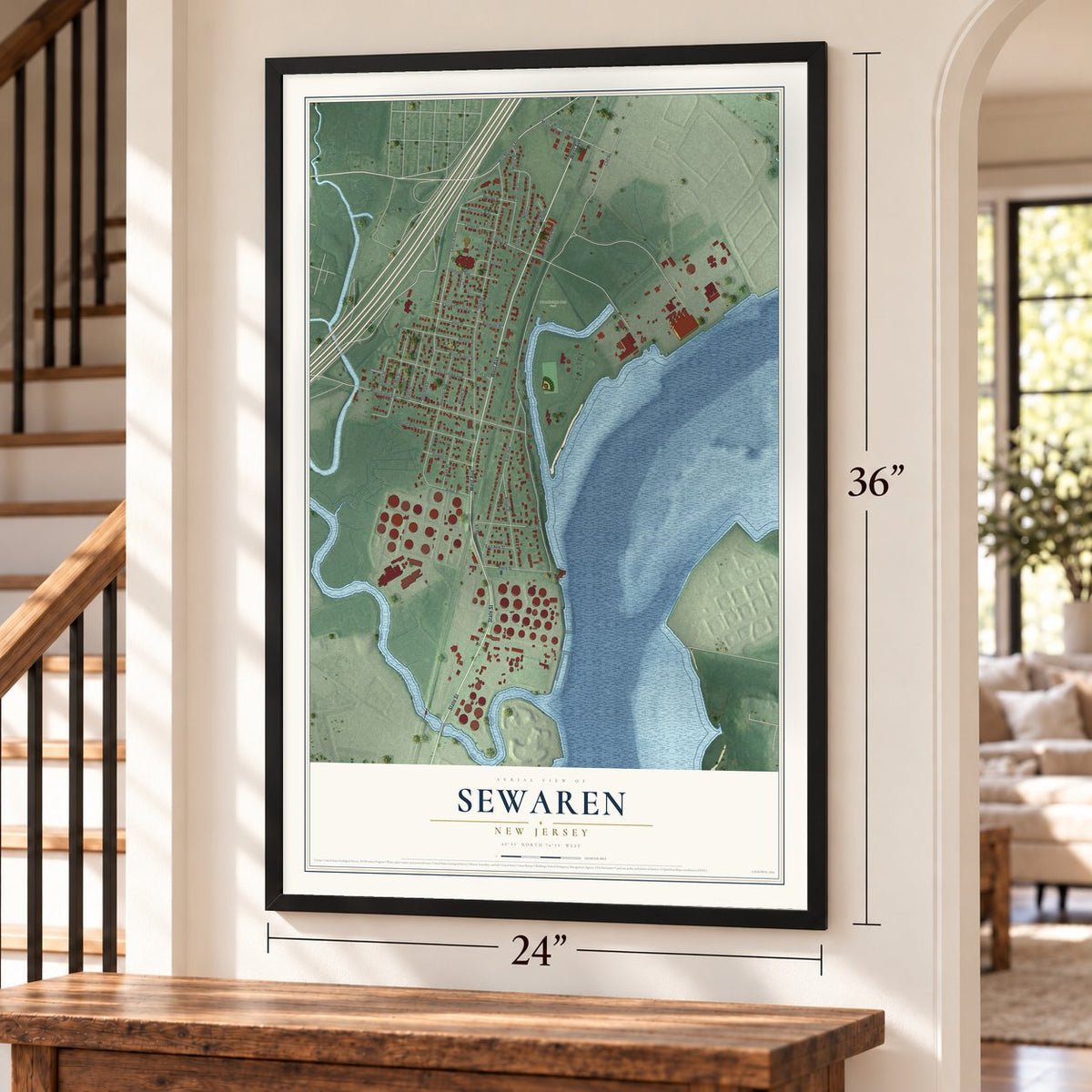 Sewaren, New Jersey map, 24 x 36 inch print in a black frame by a staircase