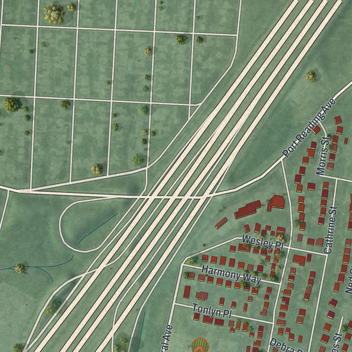 Close-up of the map of Sewaren, New Jersey print showing street and building detail