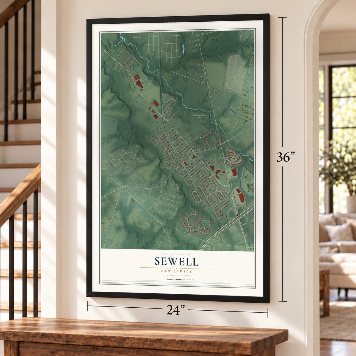 Sewell, New Jersey map, 24 x 36 inch print in a black frame by a staircase