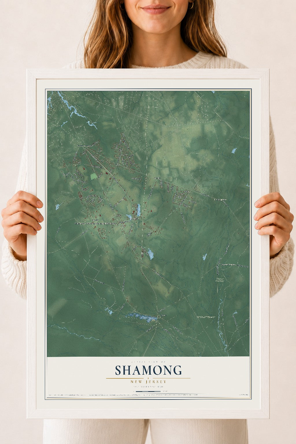 Map of Shamong, New Jersey, 18 x 24 inch print in a white wood frame