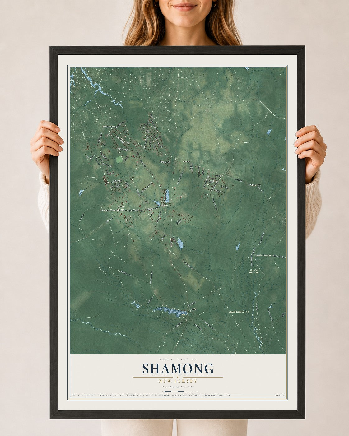 Map of Shamong, New Jersey, 24 x 36 inch print in a black wood frame