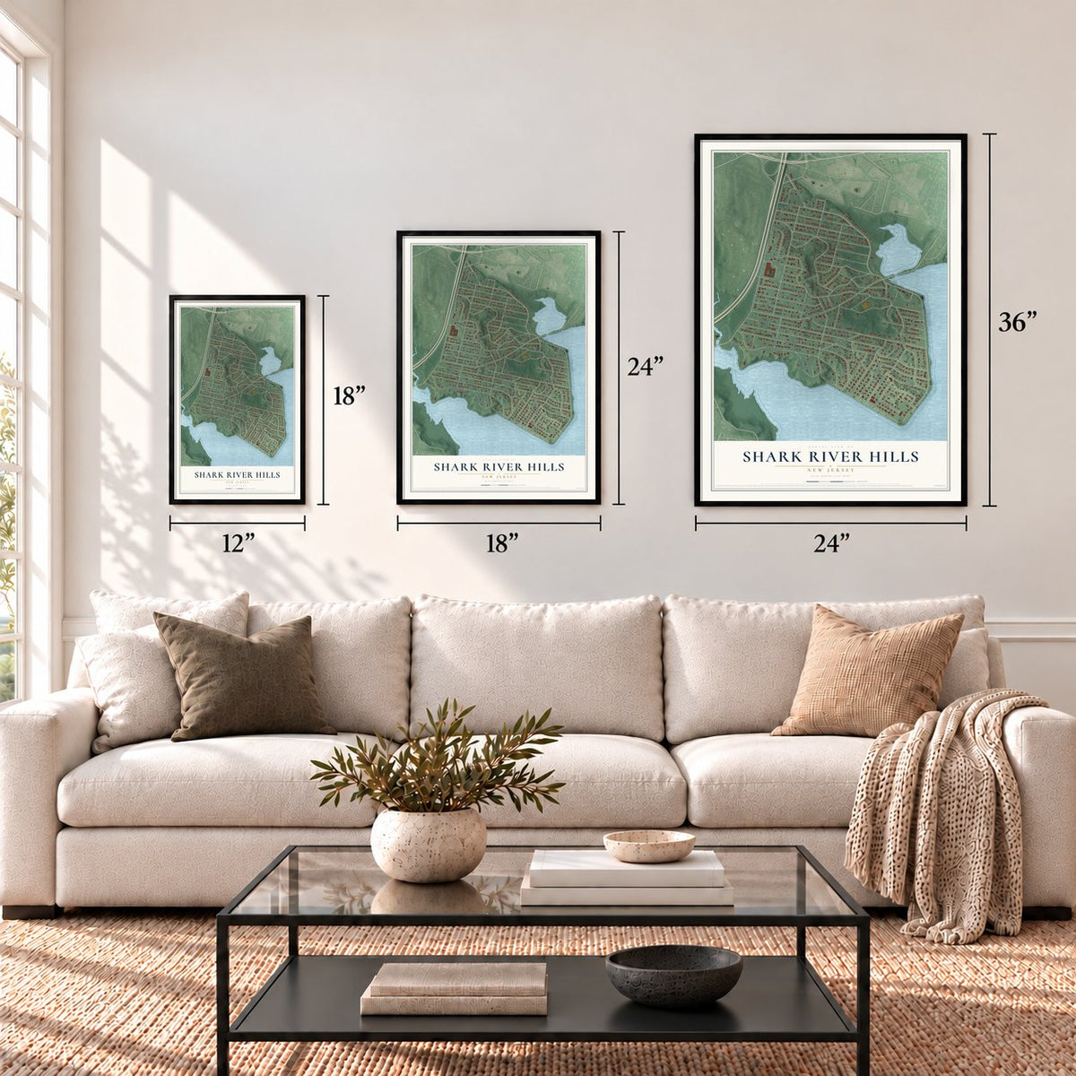 Shark River Hills, New Jersey map in 12 x 18, 18 x 24 and 24 x 36 inch sizes above a sofa