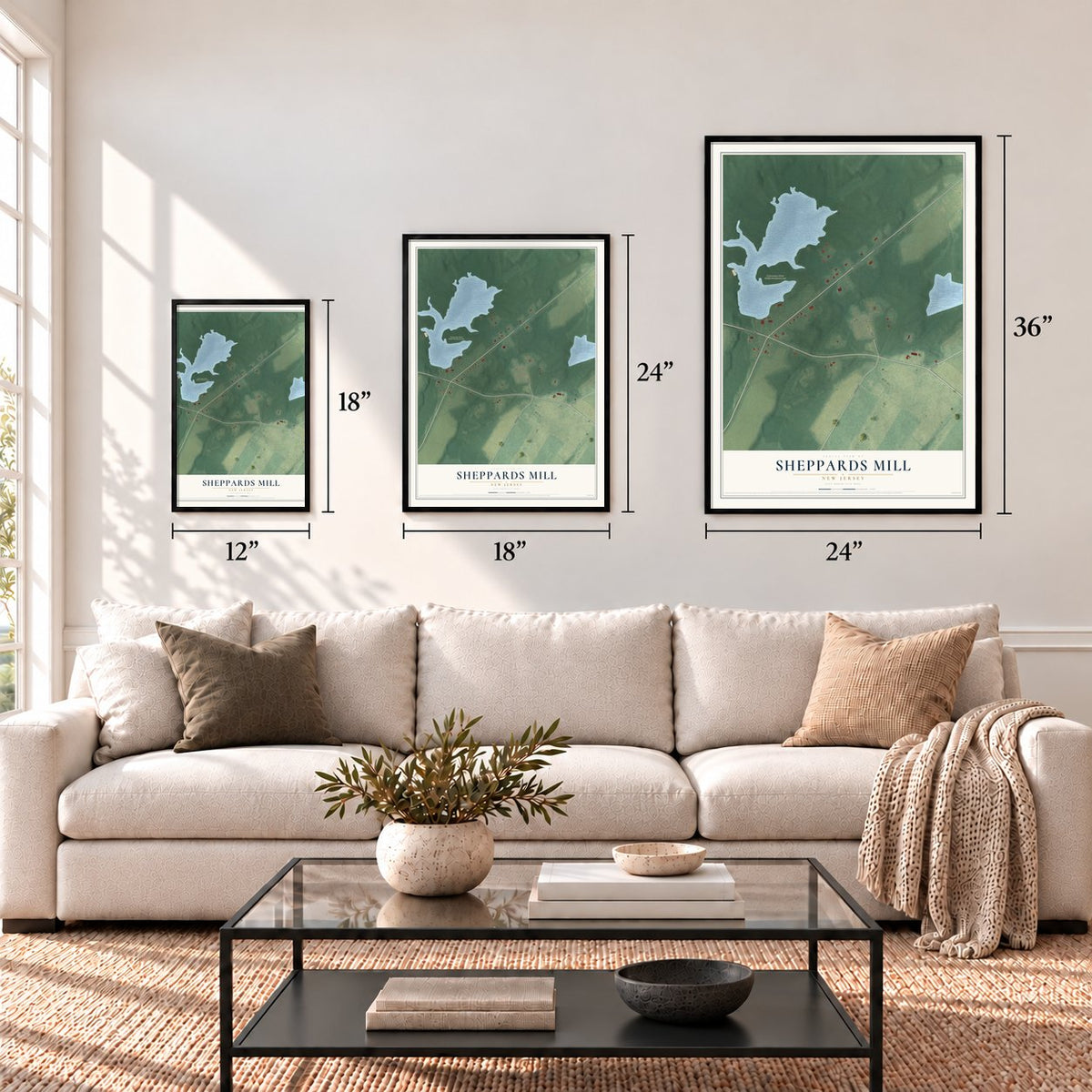 Sheppards Mill, New Jersey map in 12 x 18, 18 x 24 and 24 x 36 inch sizes above a sofa