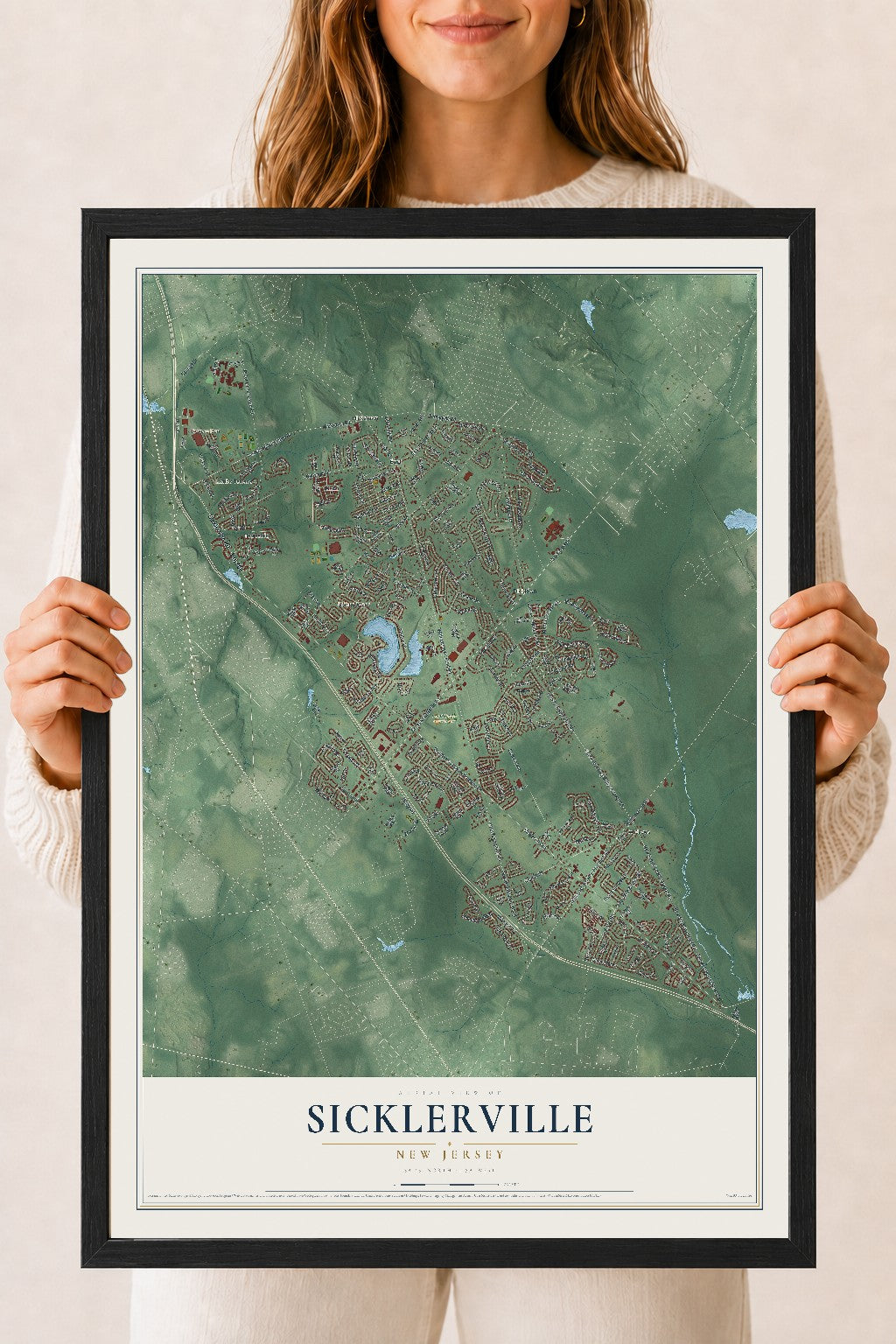 Sicklerville, New Jersey map print, 18" x 24" W/ Black Ayous Wood Frame mockup