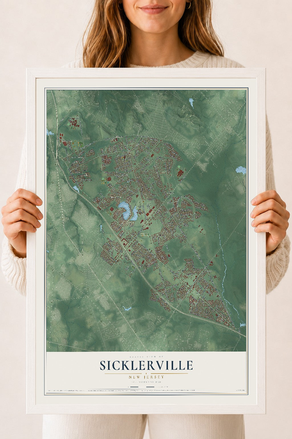 Sicklerville, New Jersey map print, 18" x 24" W/ White Ayous Wood Frame mockup