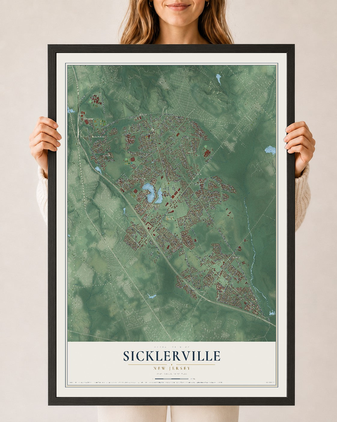 Sicklerville, New Jersey map print, 24" x 36" W/ Black Ayous Wood Frame mockup