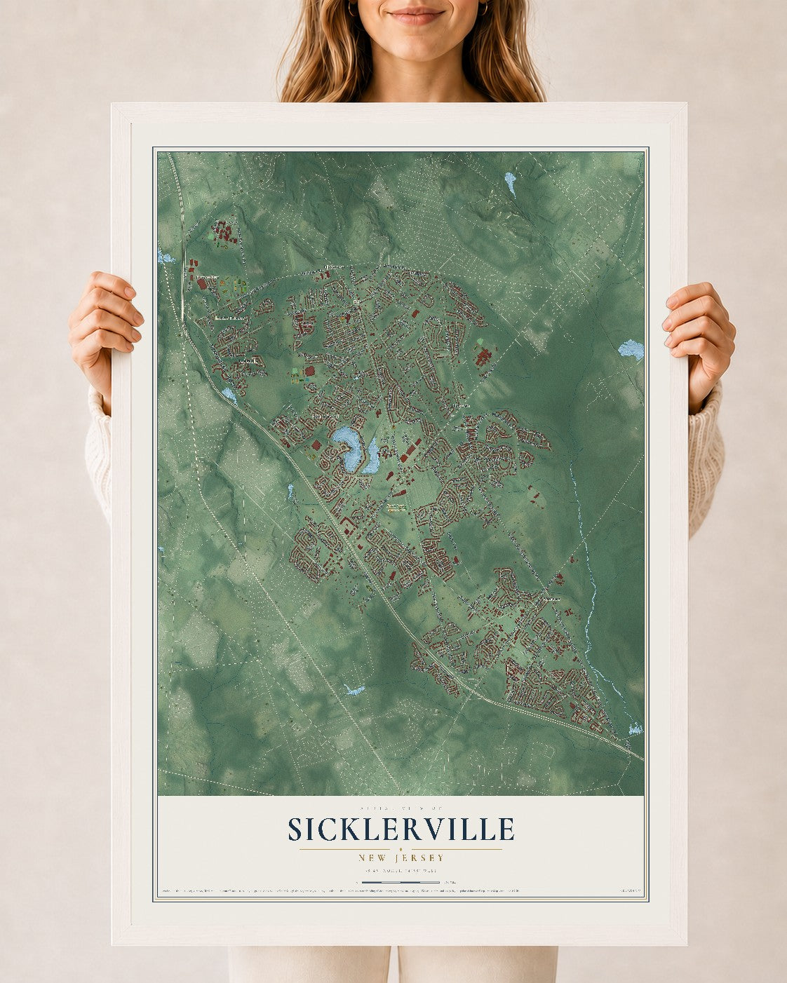 Sicklerville, New Jersey map print, 24" x 36" W/ White Ayous Wood Frame mockup