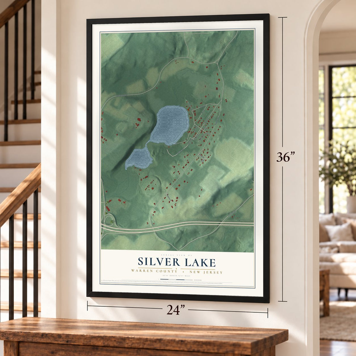 Silver Lake, Warren County, New Jersey map, 24 x 36 inch print in a black frame by a staircase