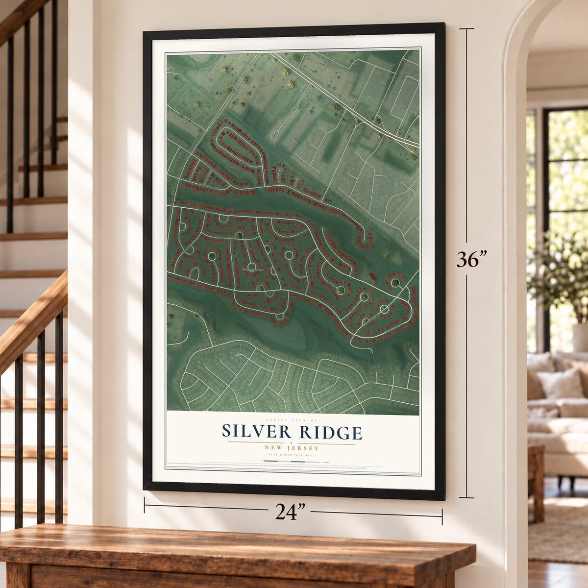 Silver Ridge, New Jersey map, 24 x 36 inch print in a black frame by a staircase