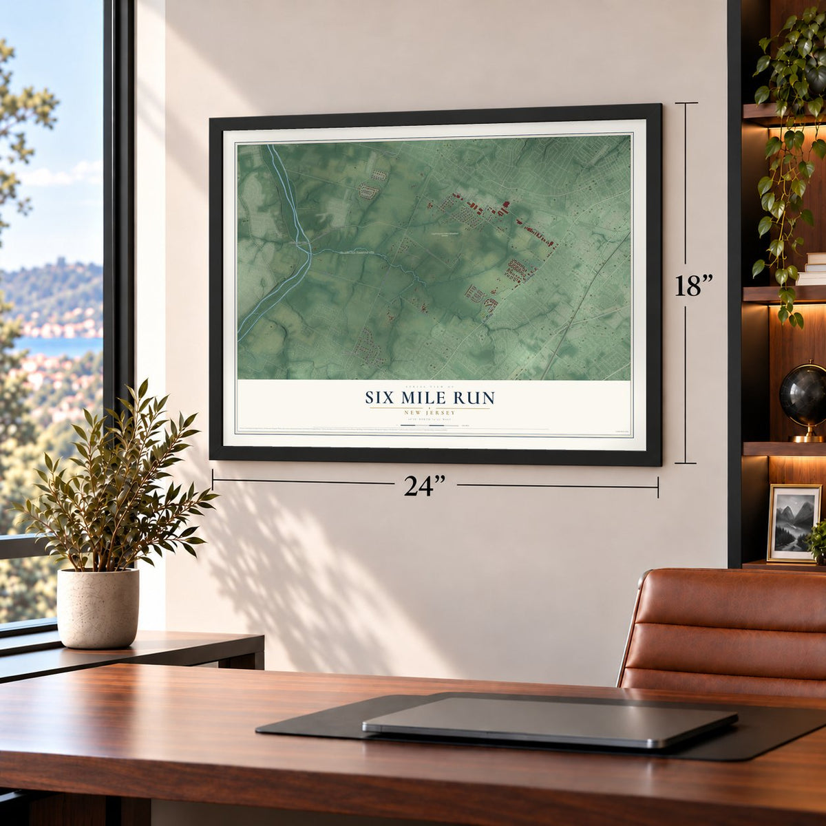 Six Mile Run, New Jersey map, 18 x 24 inch print in a black frame in a home office