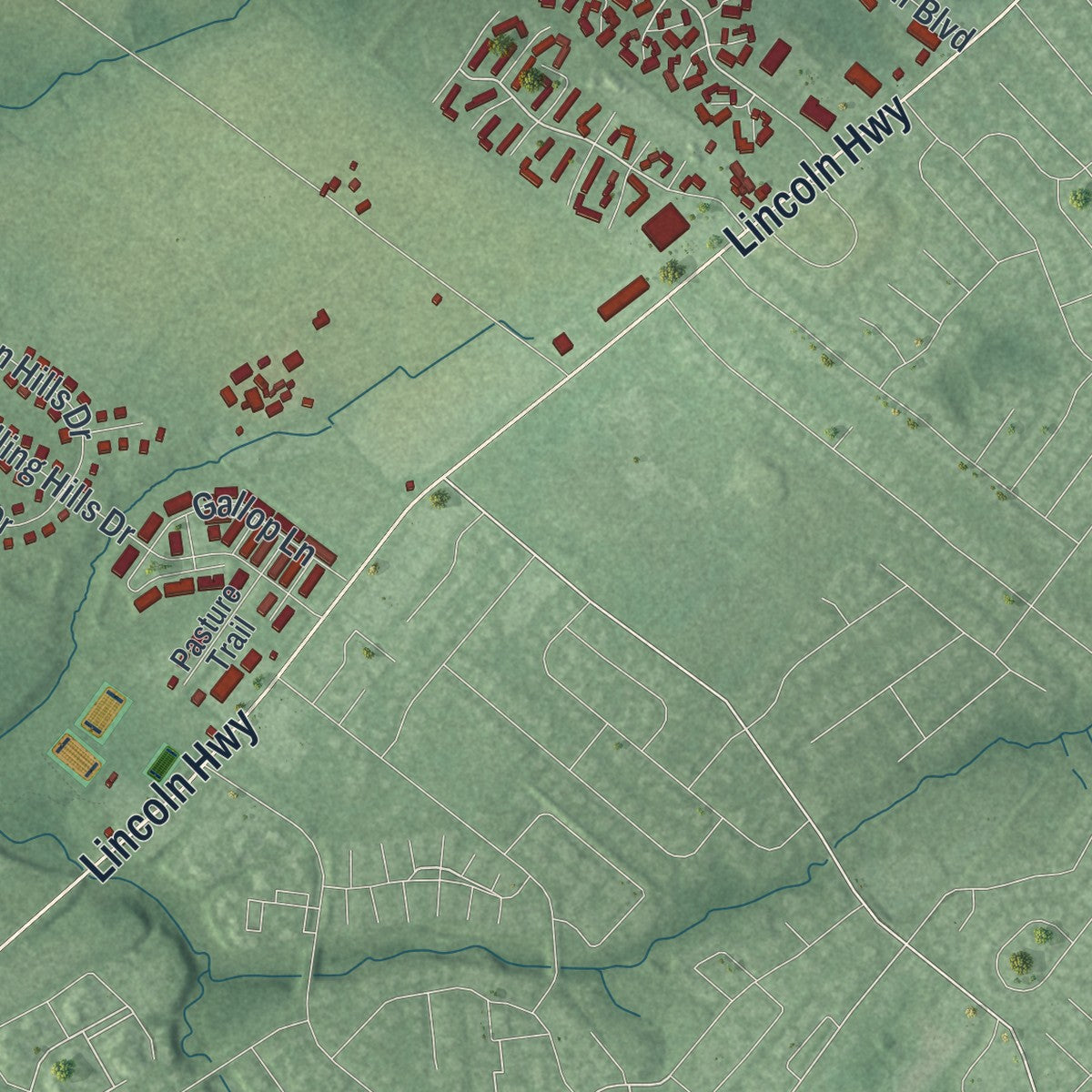 Close-up of the map of Six Mile Run, New Jersey print showing street and building detail