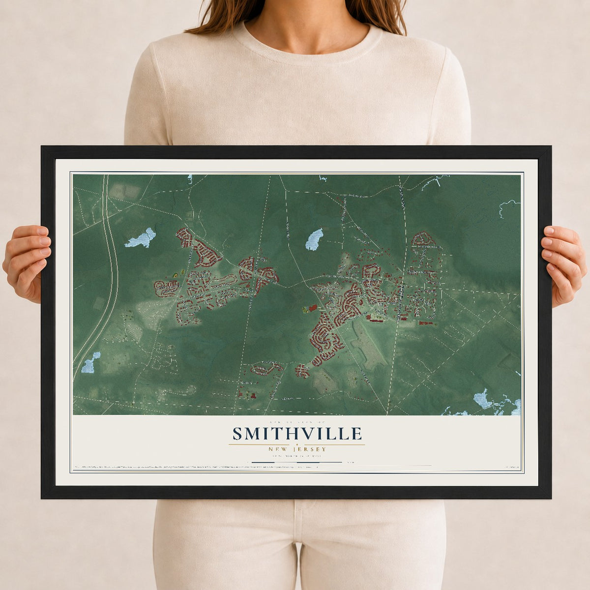 Smithville, New Jersey map print, 12" x 18" W/ Black Ayous Wood Frame mockup