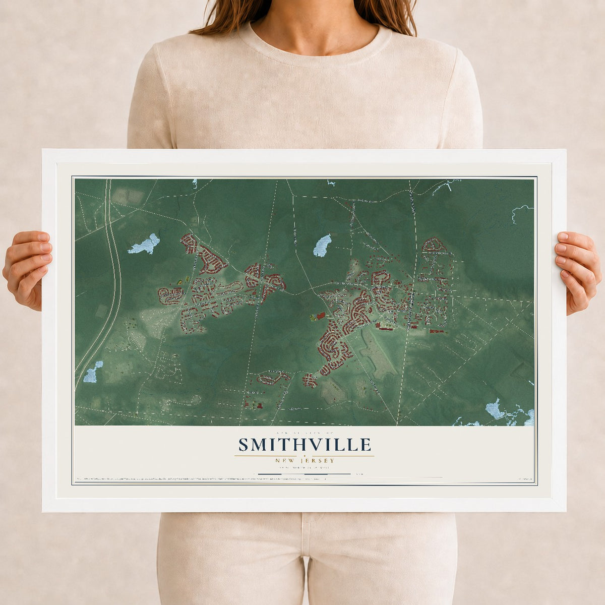 Smithville, New Jersey map print, 12" x 18" W/ White Ayous Wood Frame mockup