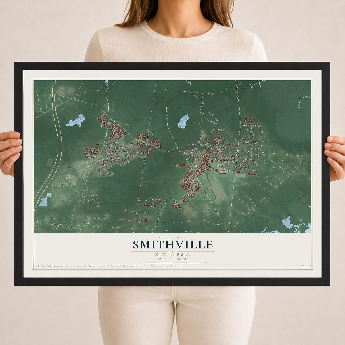 Smithville, New Jersey map print, 18" x 24" W/ Black Ayous Wood Frame mockup