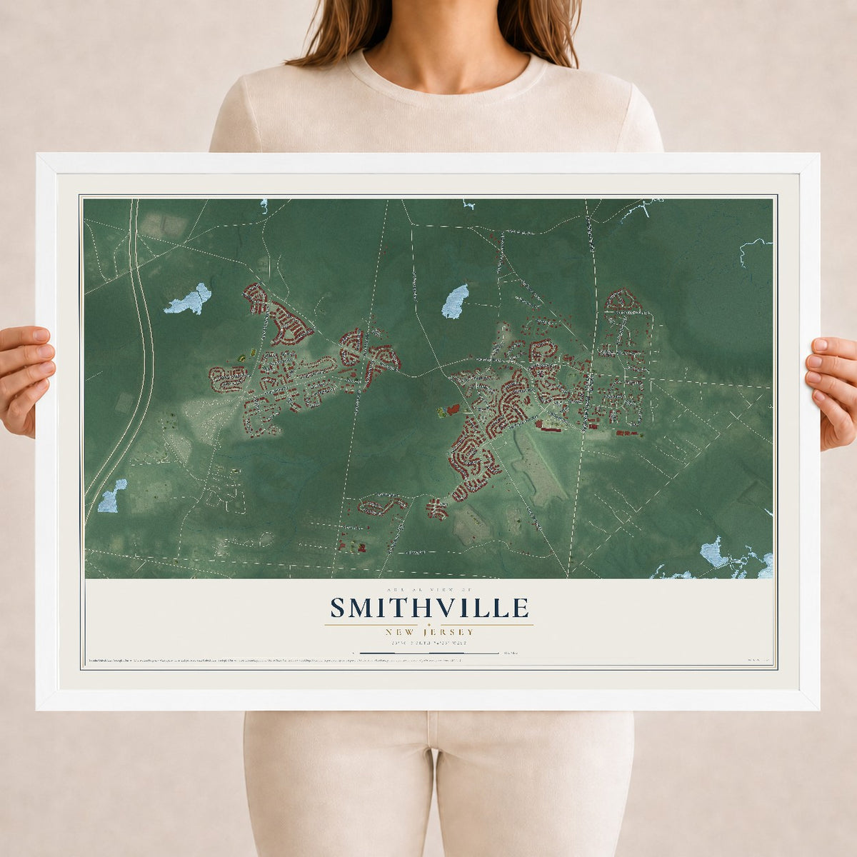 Smithville, New Jersey map print, 18" x 24" W/ White Ayous Wood Frame mockup