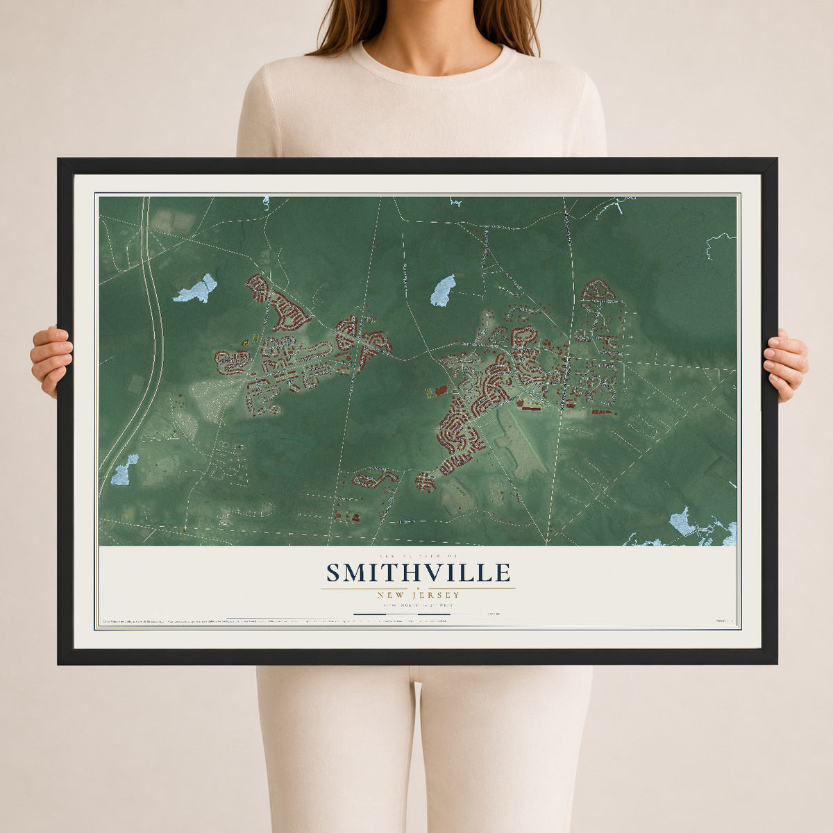 Smithville, New Jersey map print, 24" x 36" W/ Black Ayous Wood Frame mockup