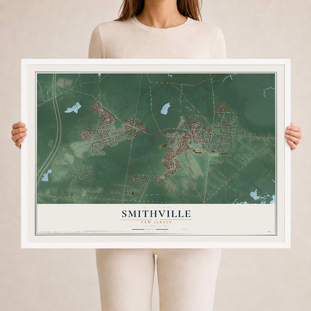 Smithville, New Jersey map print, 24" x 36" W/ White Ayous Wood Frame mockup