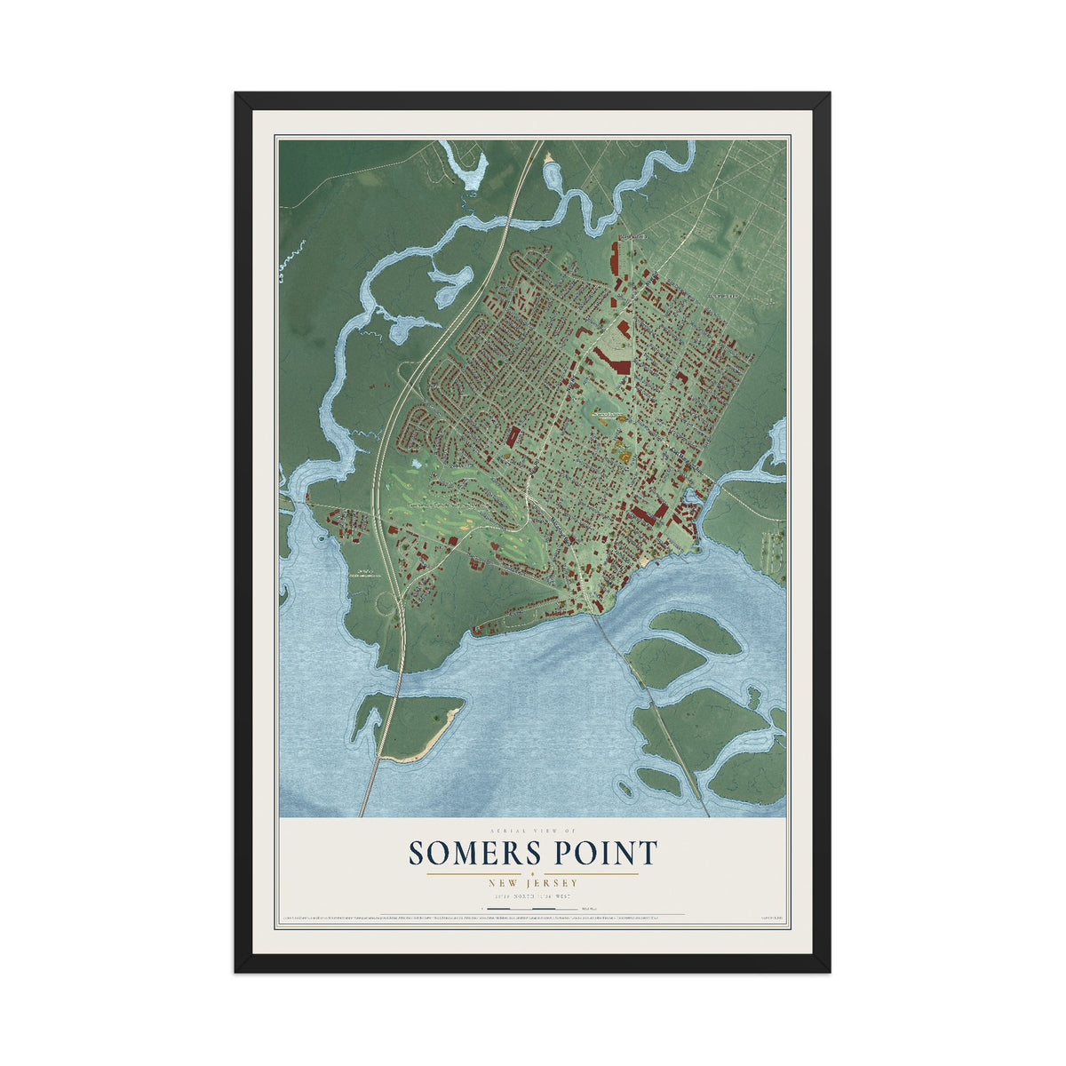 Somers Point, New Jersey map print, 12" x 18" W/ Black Ayous Wood Frame mockup
