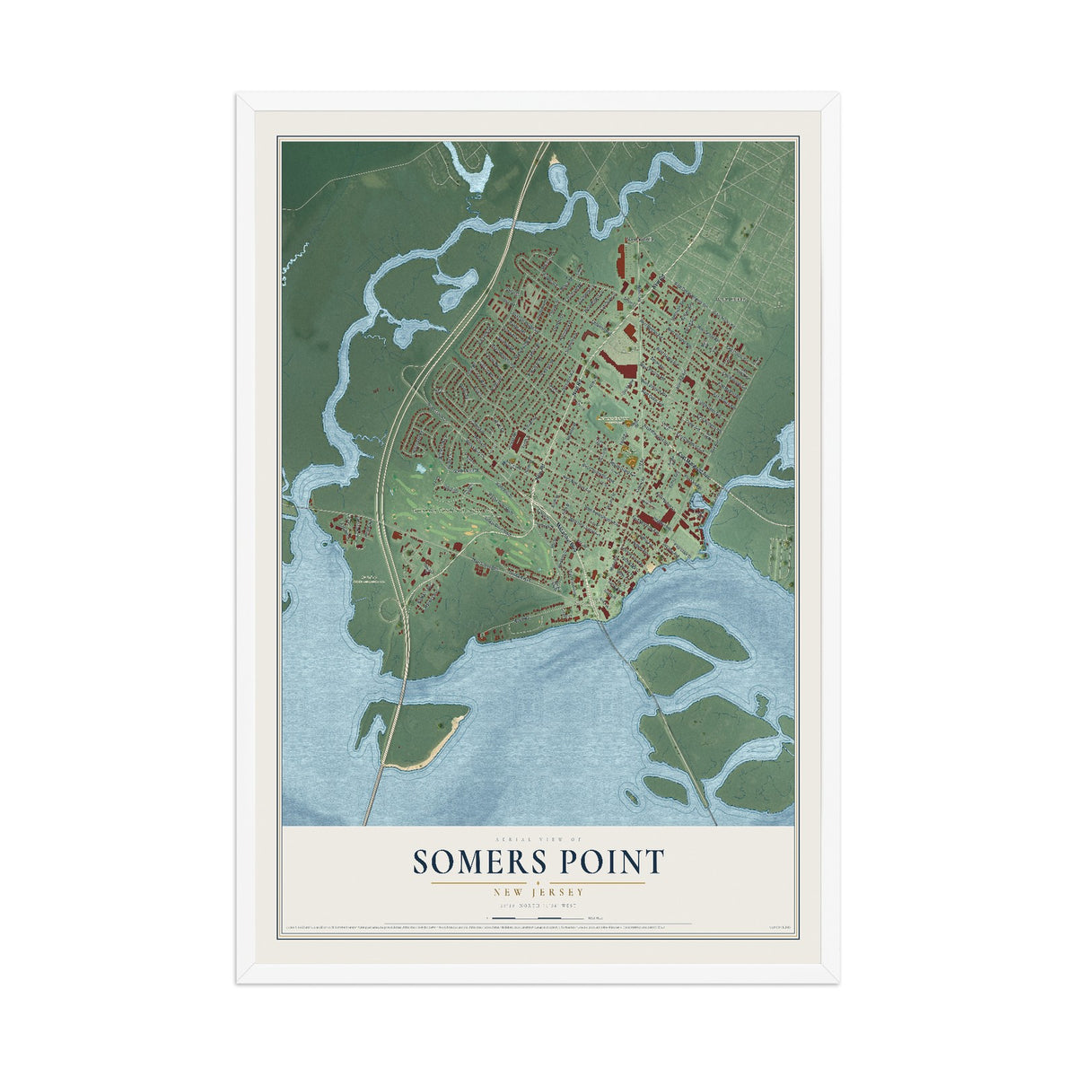 Somers Point, New Jersey map print, 12" x 18" W/ White Ayous Wood Frame mockup