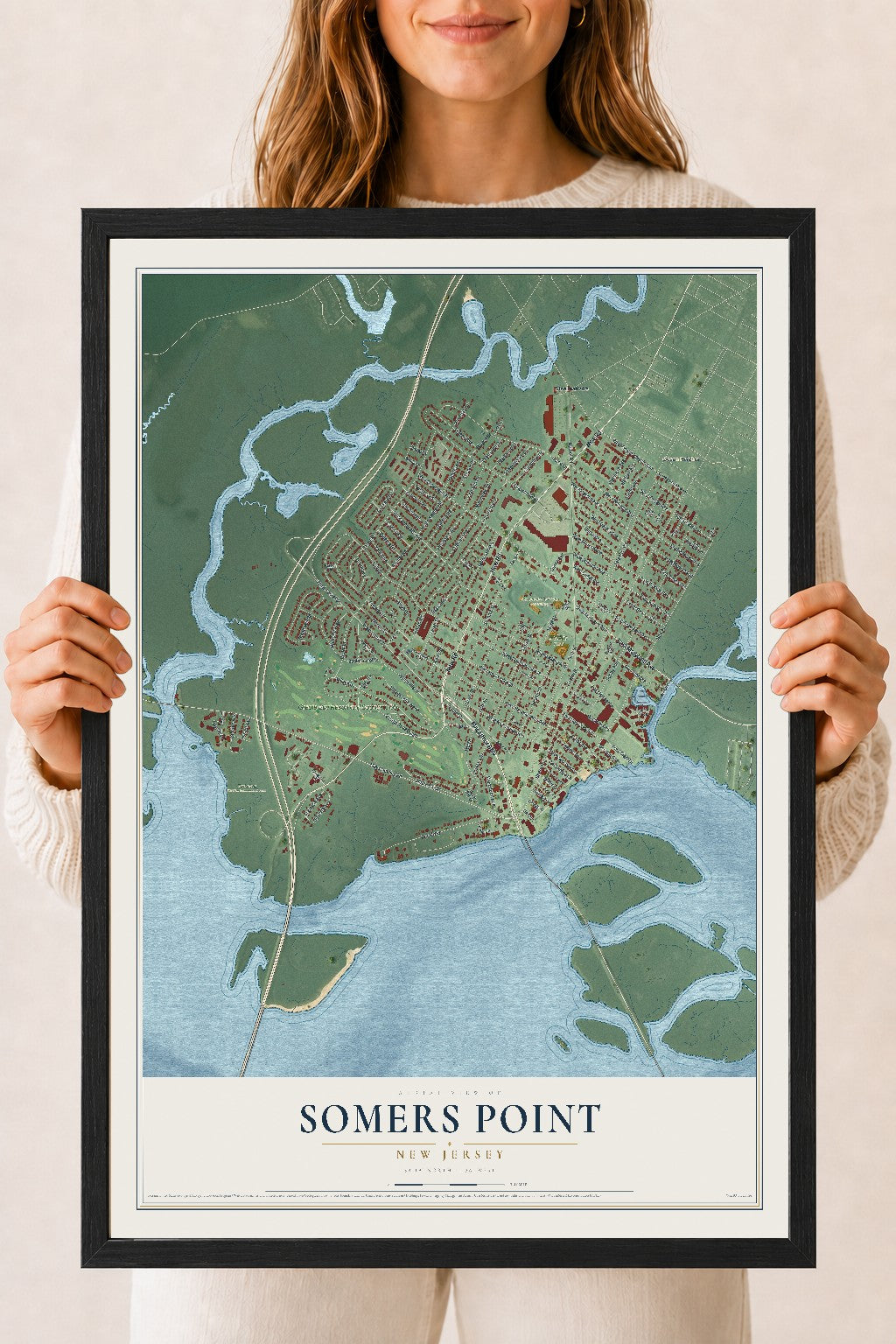 Somers Point, New Jersey map print, 18" x 24" W/ Black Ayous Wood Frame mockup