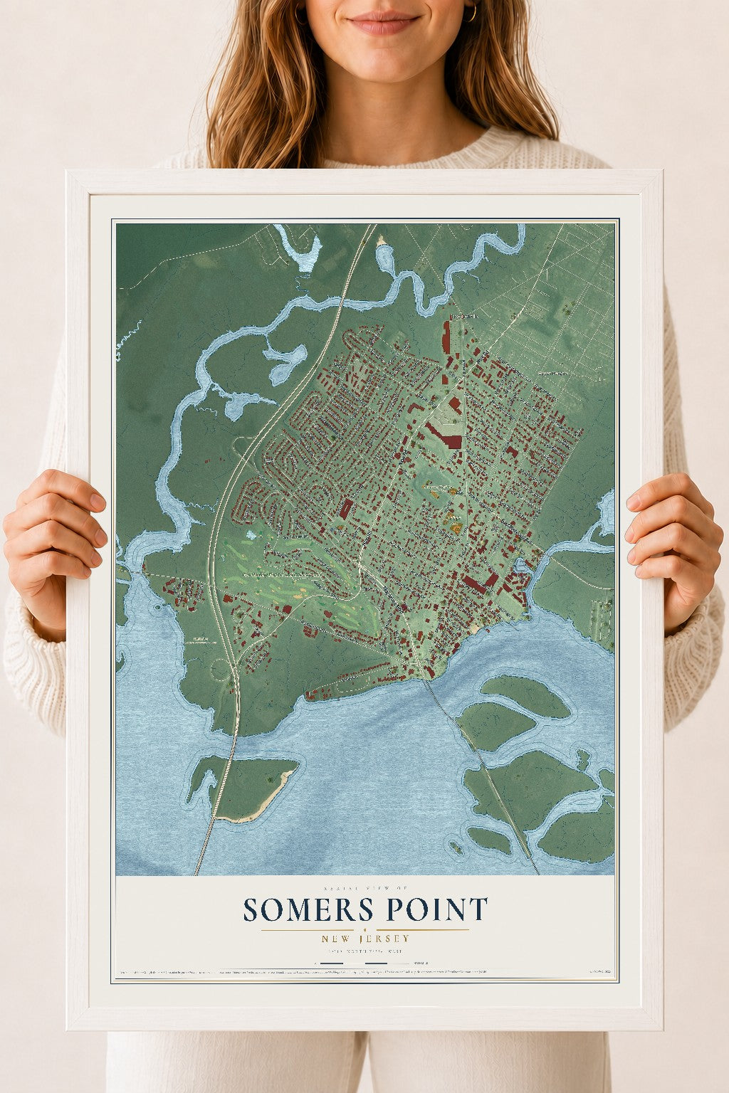 Somers Point, New Jersey map print, 18" x 24" W/ White Ayous Wood Frame mockup