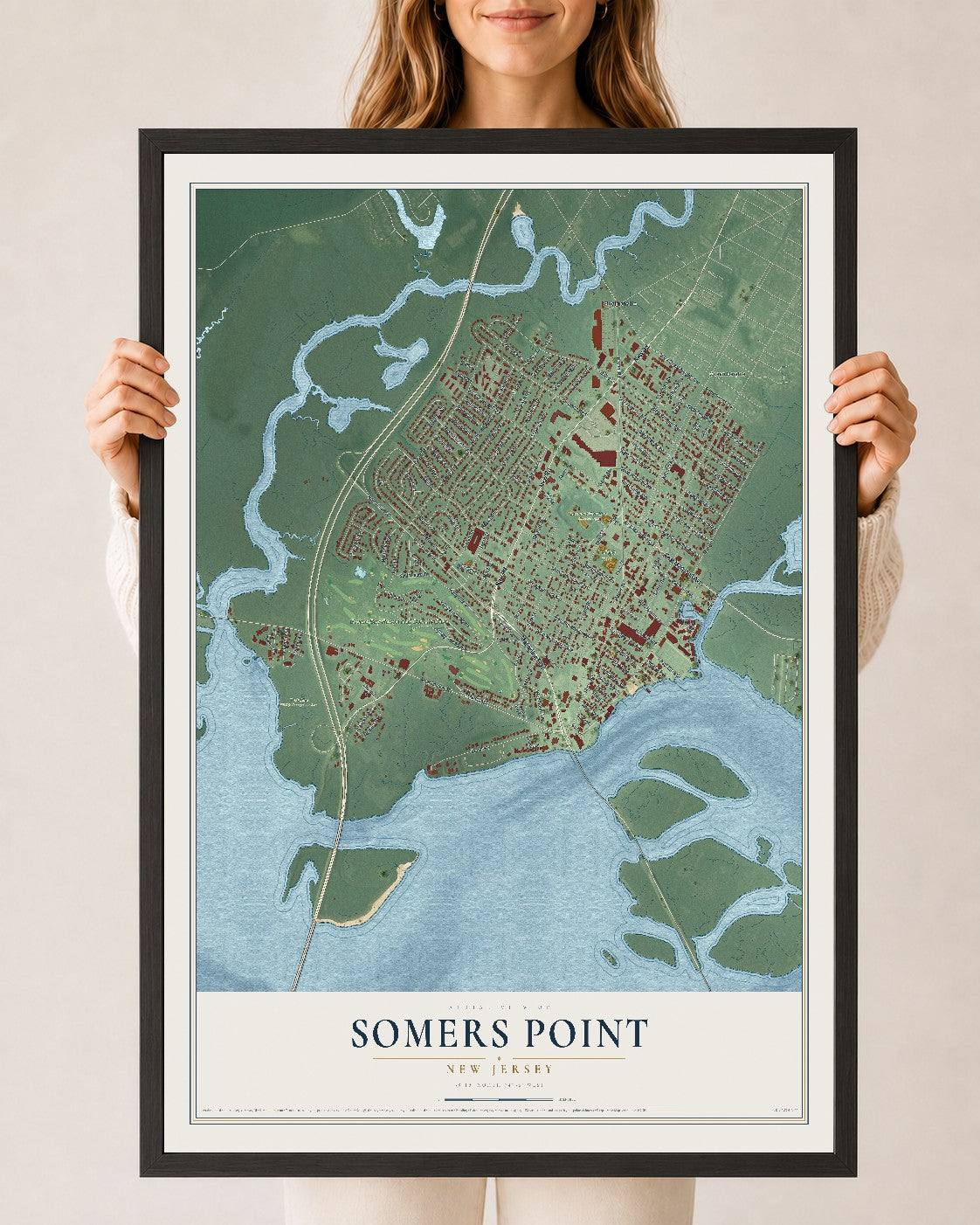 Somers Point, New Jersey map print, 24" x 36" W/ Black Ayous Wood Frame mockup