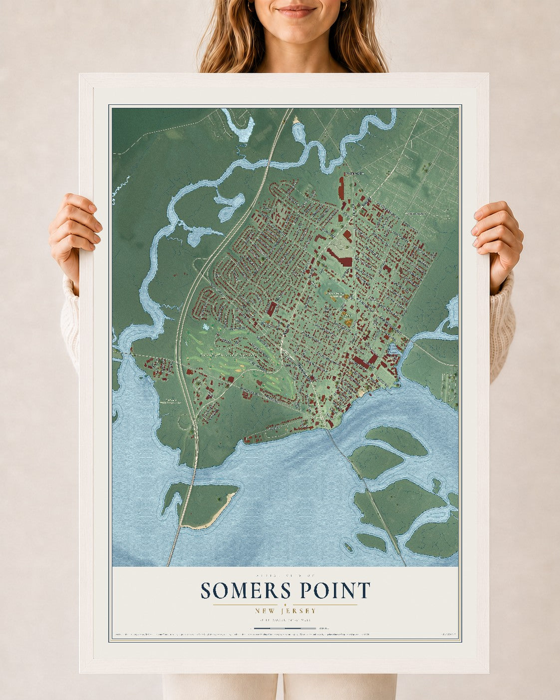 Somers Point, New Jersey map print, 24" x 36" W/ White Ayous Wood Frame mockup