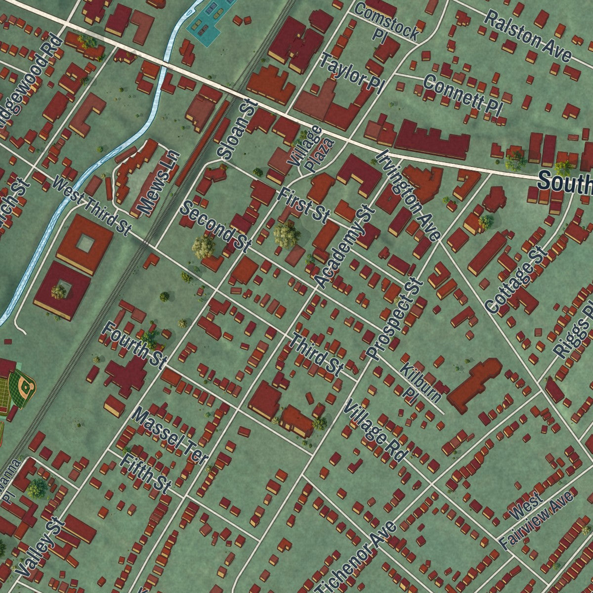 Close-up 2 of the South Orange Village, New Jersey map artwork