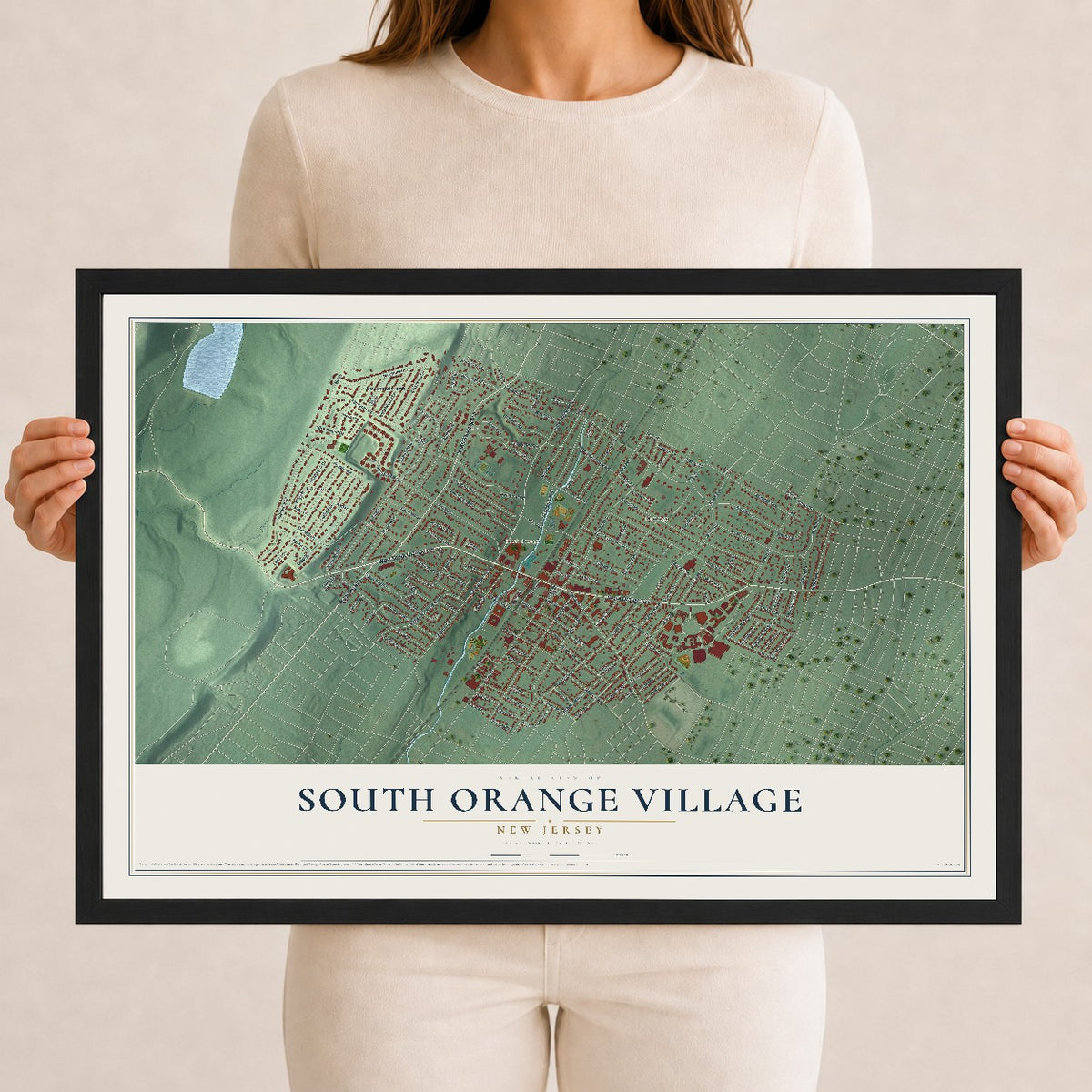 South Orange Village, New Jersey map print, 12" x 18" W/ Black Ayous Wood Frame mockup