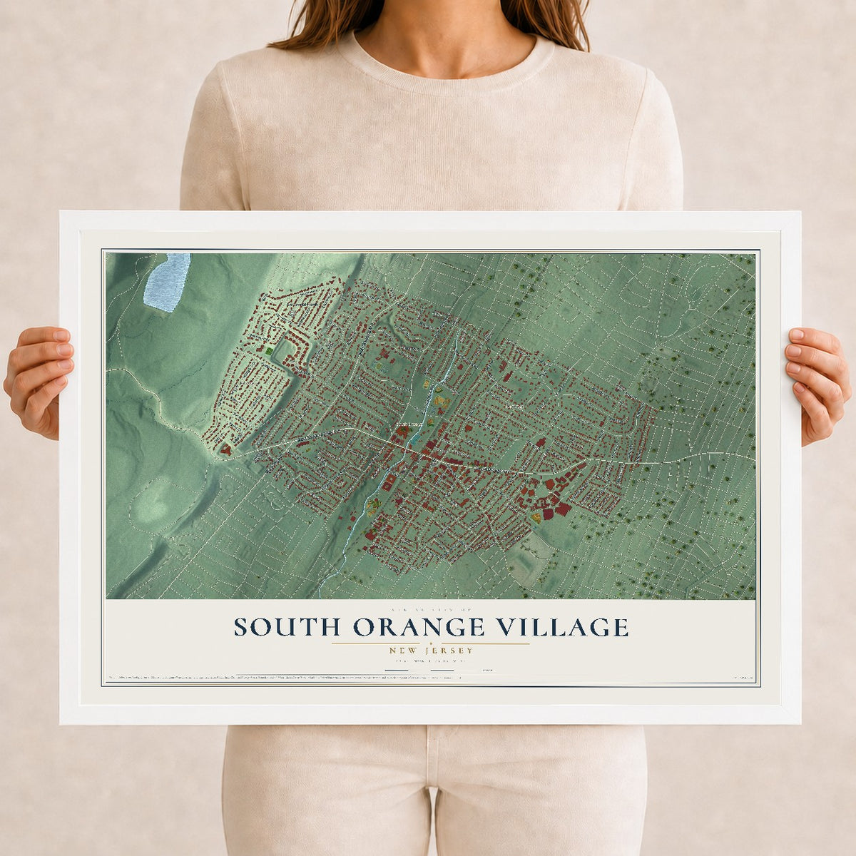 South Orange Village, New Jersey map print, 12" x 18" W/ White Ayous Wood Frame mockup
