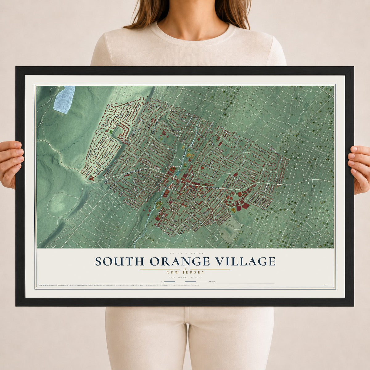 South Orange Village, New Jersey map print, 18" x 24" W/ Black Ayous Wood Frame mockup