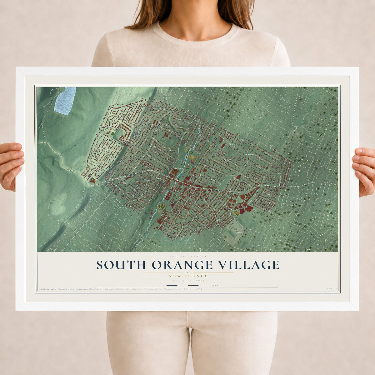 South Orange Village, New Jersey map print, 18" x 24" W/ White Ayous Wood Frame mockup